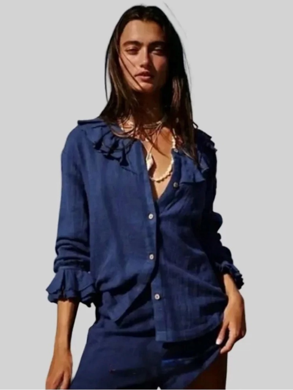 Free People Free-est Summer Vibes Ruffle Neck Button-Down Top Navy Peony Large - Picture 16 of 16